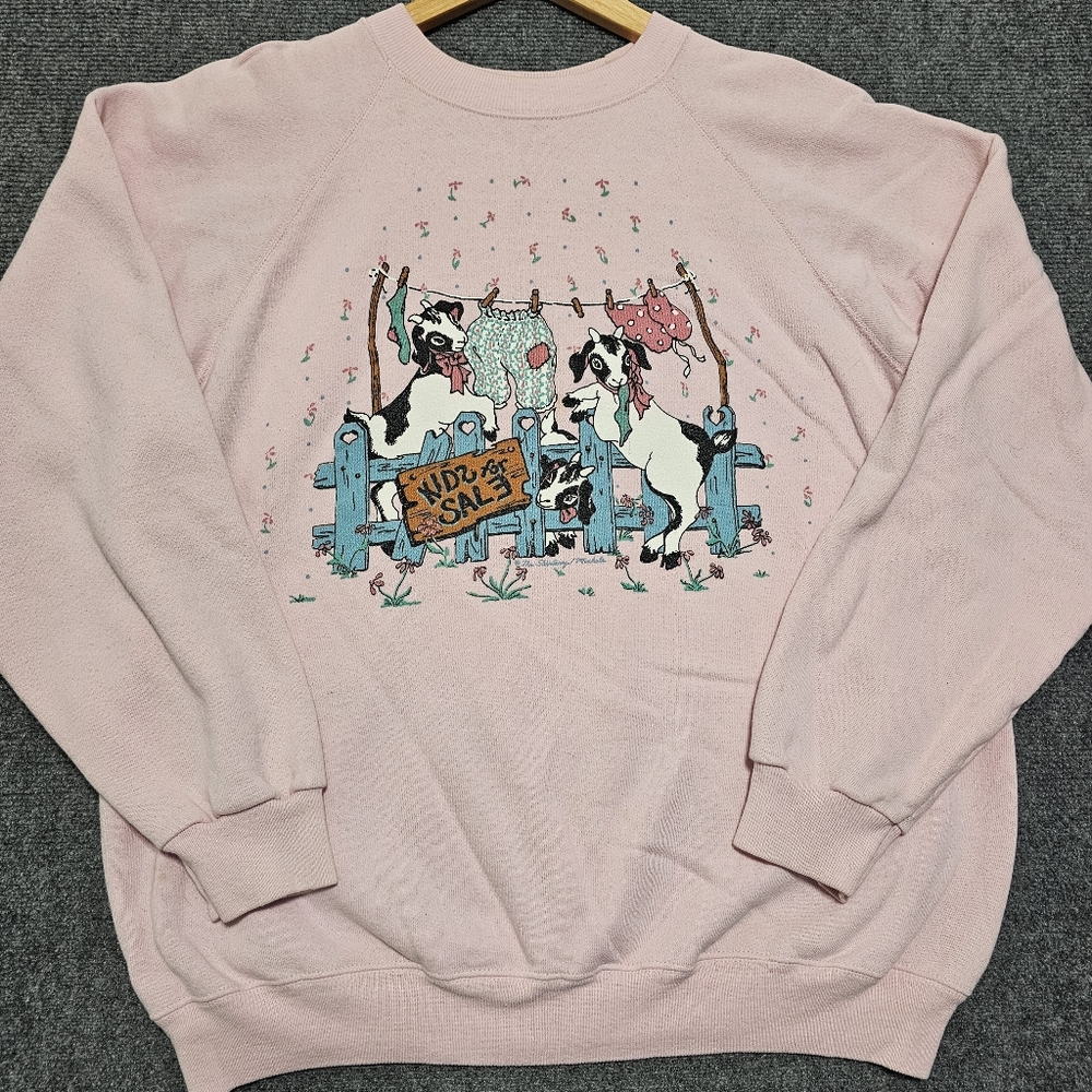 Vintage 90s Hanes Kids For Sale Goat Funny Pink Crewneck Sweater XL USA Made - Picture 2 of 16